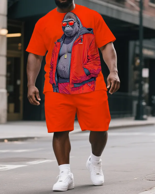 Men's Casual Uninhibited Cartoon Gorillas Print Summer Big & Tall Short-Sleeve T-shirt & Short Set sold by Biggmans