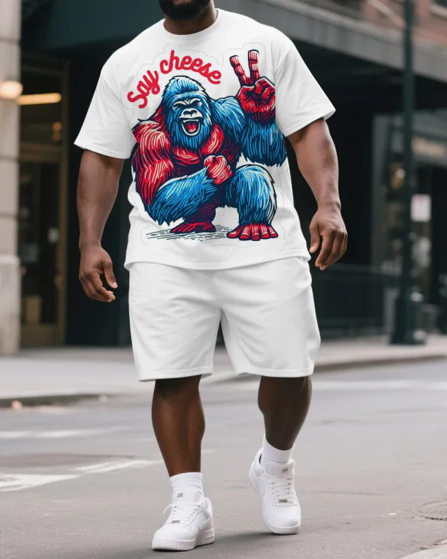 Men's Cartoon Happy Gorillas Say Cheese Print Big & Tall Short-Sleeve T-shirt & Short Set sold by Biggmans