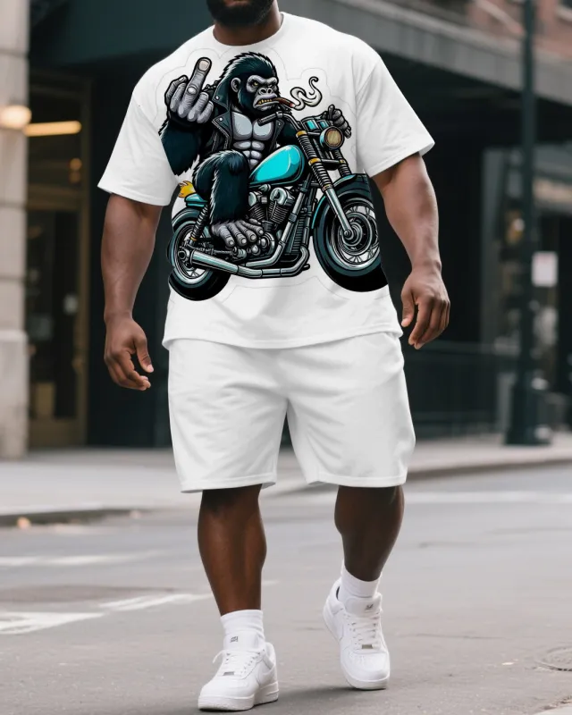Men's Cartoon Gorillas & Motorcycle Print Summer Big & Tall Short-Sleeve T-shirt & Short Set sold by Biggmans