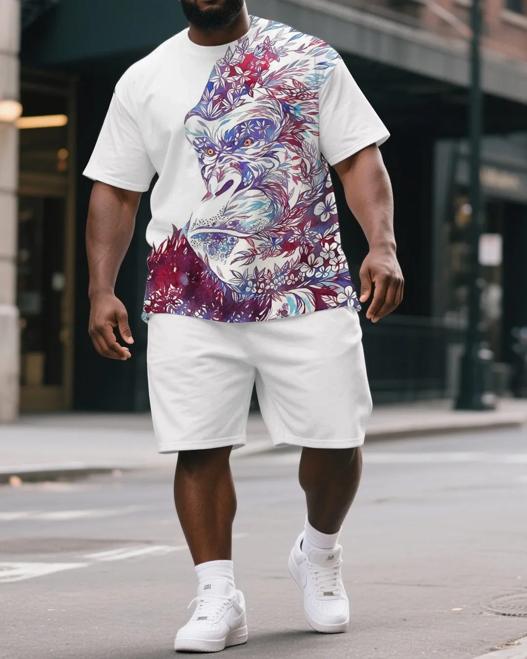 Men's Artistic Abstract Gorillas Print Summer Casual Big & Tall Short-Sleeve T-shirt & Short Set sold by Biggmans