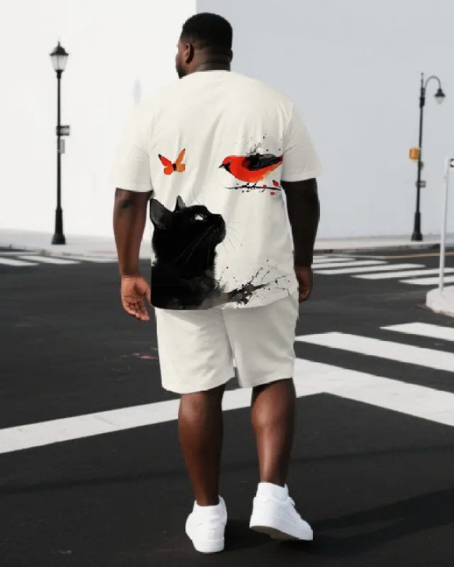 Men's Simple Cat & Bird Illustration Back Print Cool Big & Tall Short-Sleeve T-shirt & Short Set sold by Biggmans