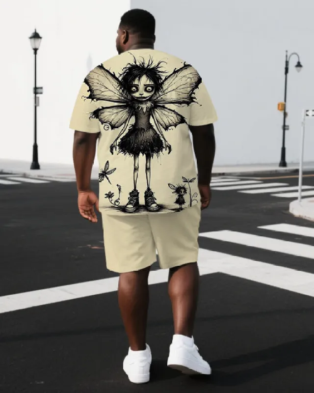Men's Casual Butterfly Girl Back Print Big & Tall Breathable Outdoor Short-Sleeve T-shirt Shorts Set sold by Biggmans