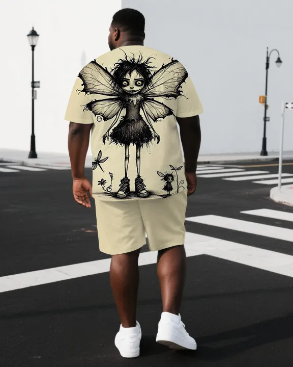 Men's Casual Butterfly Girl Back Print Big & Tall Breathable Outdoor Short-Sleeve T-shirt Shorts Set sold by Biggmans