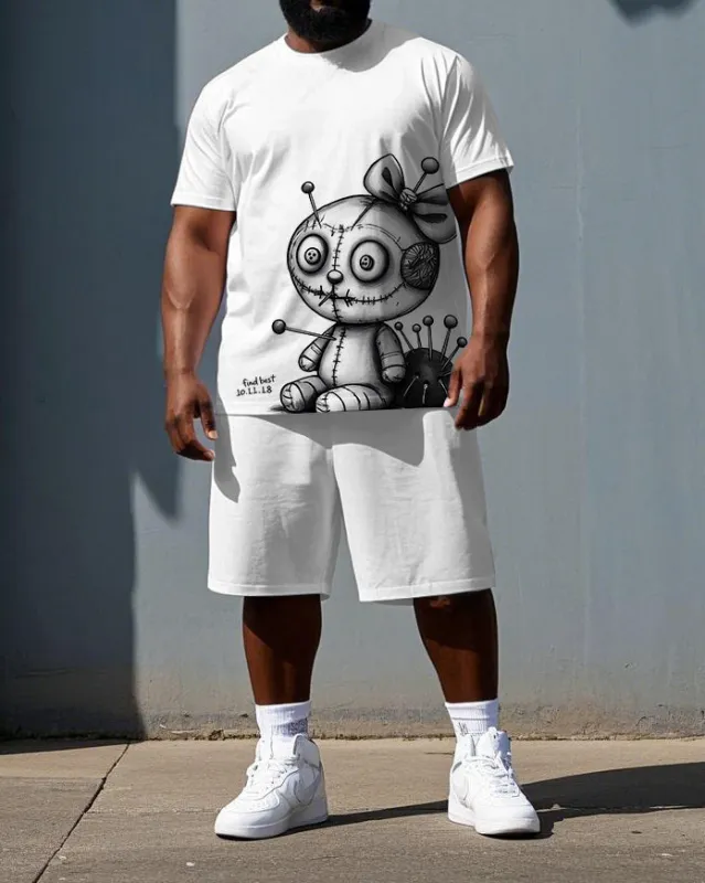 Men's Cartoon Sewing Doll Print Casual Breathable Big & Tall Short-Sleeve T-shirt Shorts Set sold by Biggmans