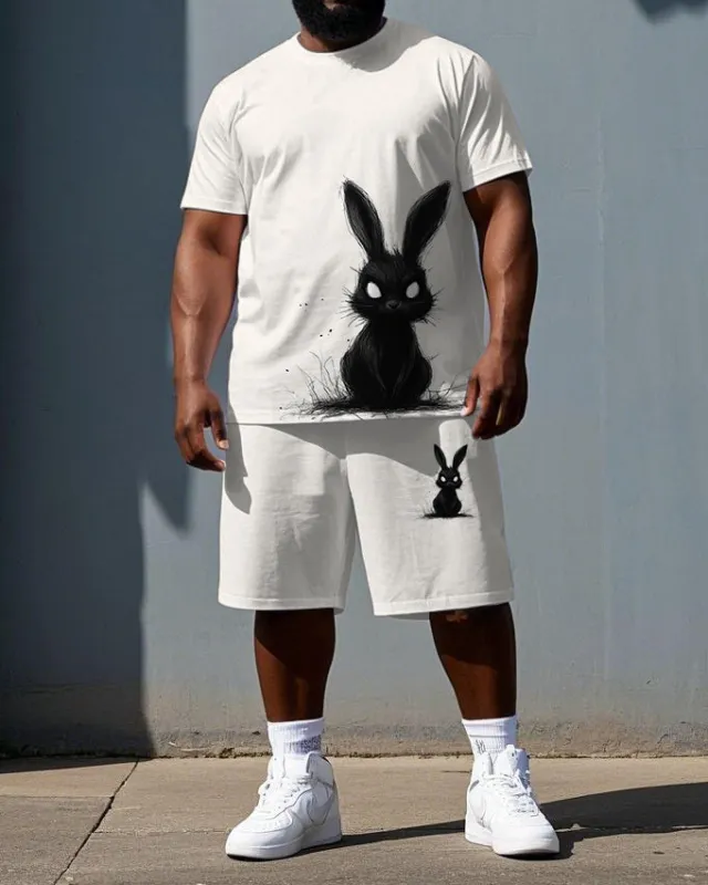 Men's Simple Cartoon Rabbit Print Big & Tall Summer Stretchy Short-Sleeve T-shirt Shorts Set sold by Biggmans