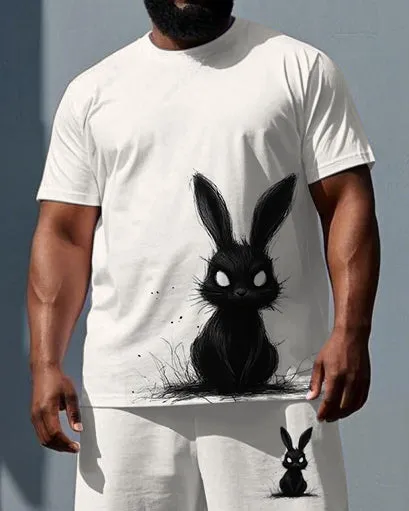 Men's Simple Cartoon Rabbit Print Big & Tall Summer Stretchy Short-Sleeve T-shirt Shorts Set sold by Biggmans product image thumbnail 2