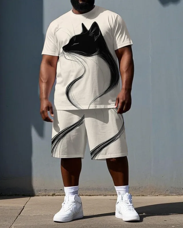 Big & Tall Men's Line Cat Illustration Print Casual Simple Short-Sleeve T-shirt Shorts Set sold by Biggmans