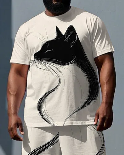 Big & Tall Men's Line Cat Illustration Print Casual Simple Short-Sleeve T-shirt Shorts Set sold by Biggmans product image thumbnail 2