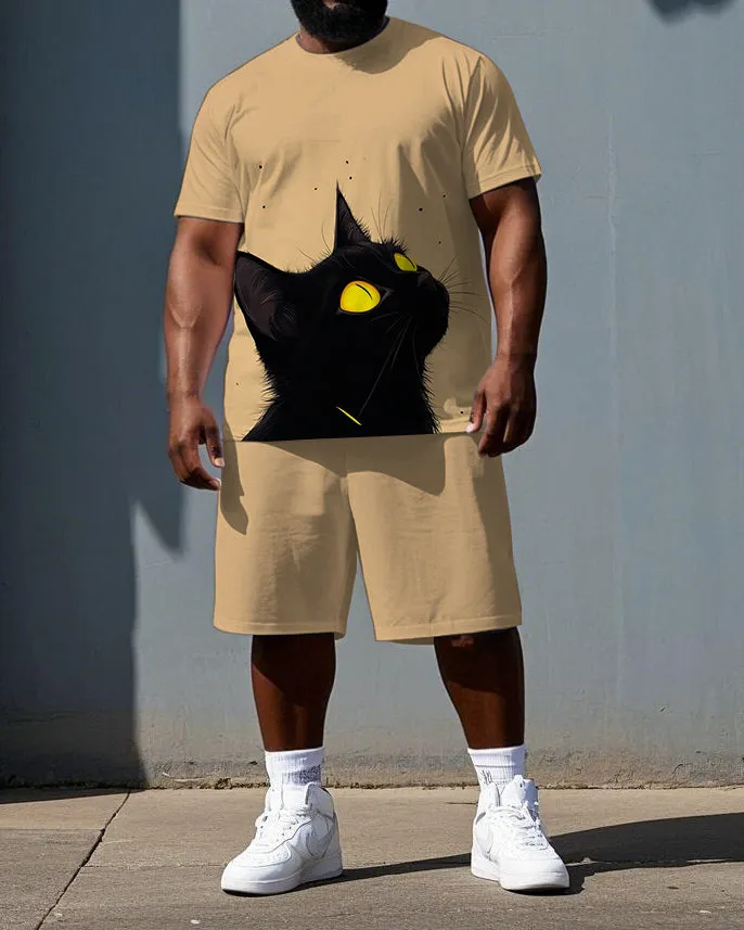 Big & Tall Men's Cute Black Cat Illustration Print Casual Breathable Short-Sleeve T-shirt Shorts Set sold by Biggmans