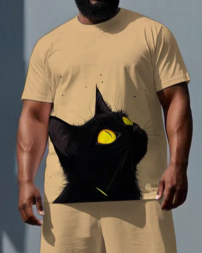 Big & Tall Men's Cute Black Cat Illustration Print Casual Breathable Short-Sleeve T-shirt Shorts Set sold by Biggmans product image thumbnail 2