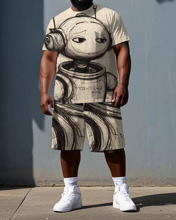 Big & Tall Men's Sketch Gloomy Robot Print Breathable Short-Sleeve T-shirt and Shorts Set sold by Biggmans