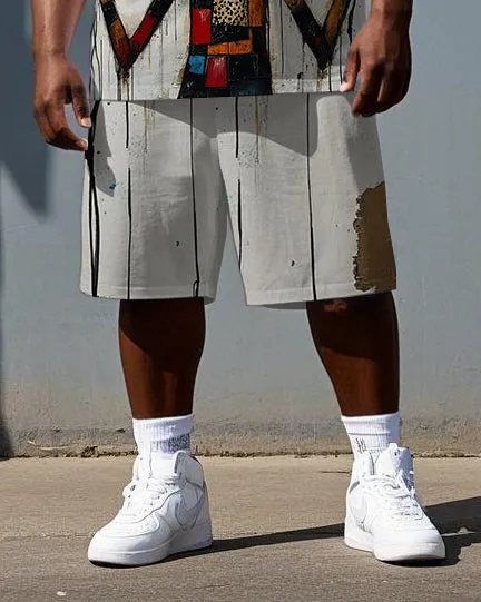 Big & Tall Men's Colorful Splicing Elf Print Summer Short-Sleeve T-shirt and Shorts Set sold by Biggmans product image thumbnail 3