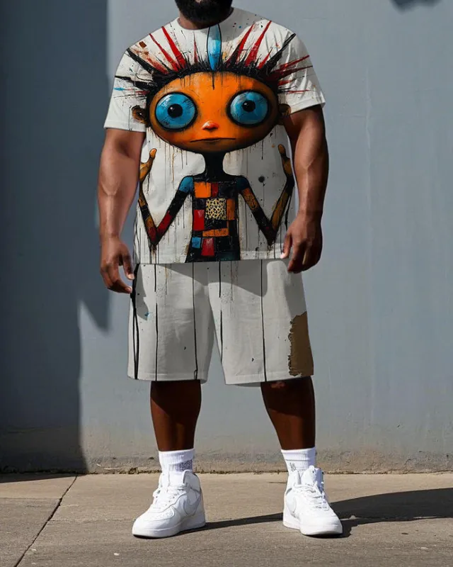 Big & Tall Men's Colorful Splicing Elf Print Summer Short-Sleeve T-shirt and Shorts Set sold by Biggmans