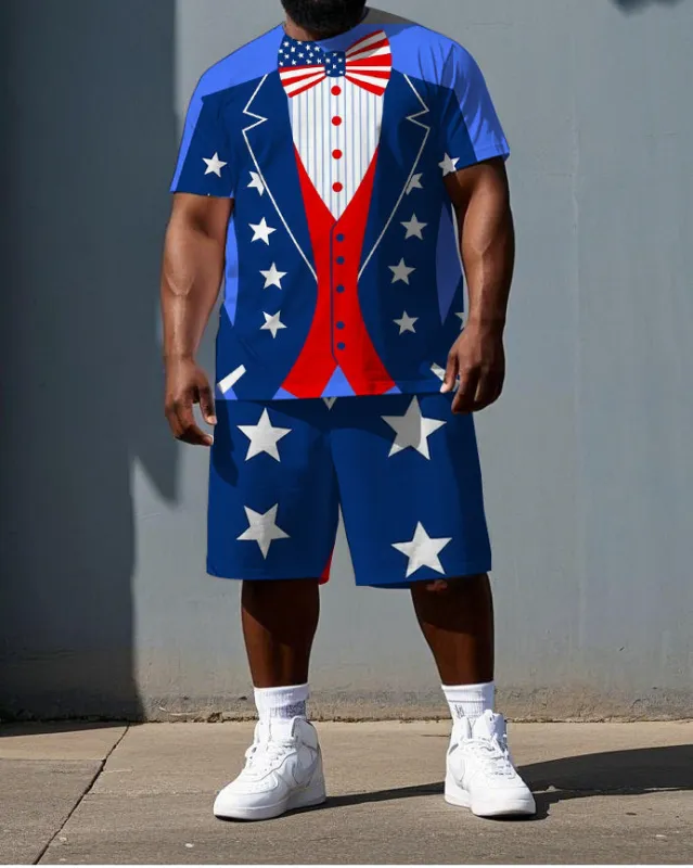 Big & Tall Men's Independence Day Cosplay Suit Print Casual Short-Sleeve T-shirt Shorts Set sold by Biggmans