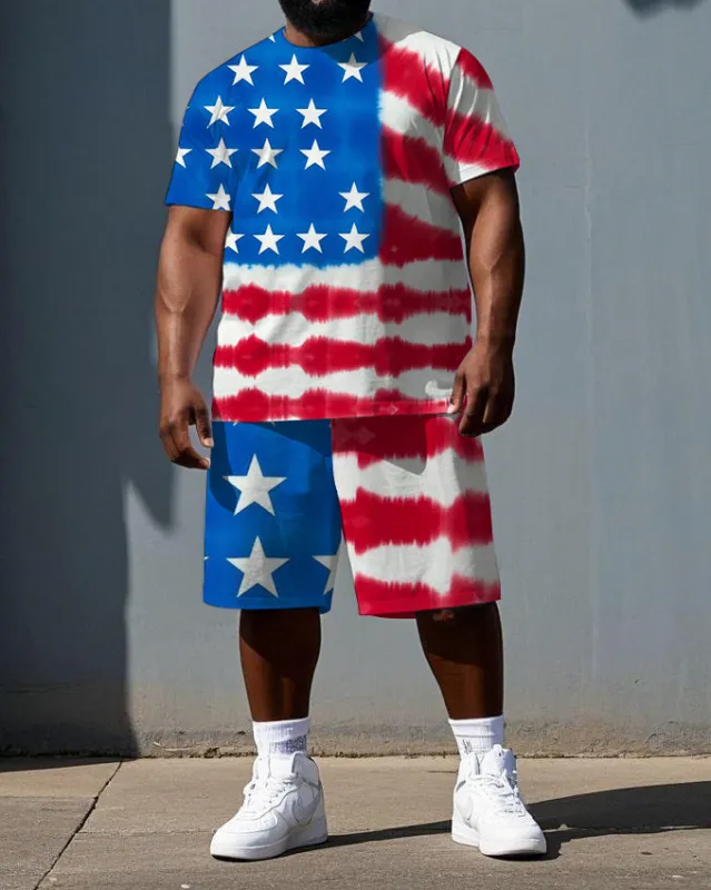 Big & Tall Men's National Flag Splicing Print Independence Day Short-Sleeve T-shirt Shorts Set sold by Biggmans