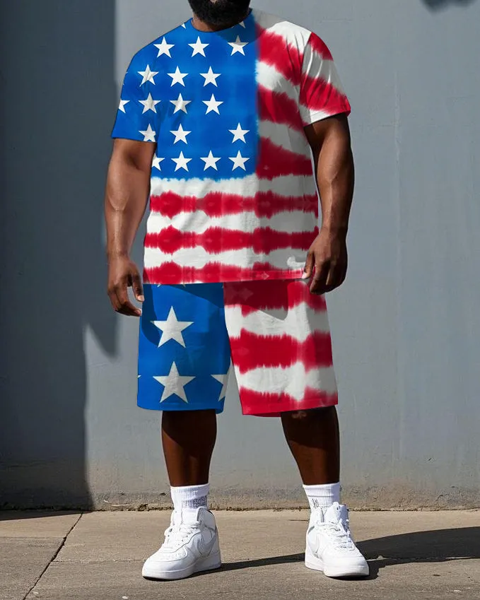 Big & Tall Men's National Flag Splicing Print Independence Day Short-Sleeve T-shirt Shorts Set sold by Biggmans