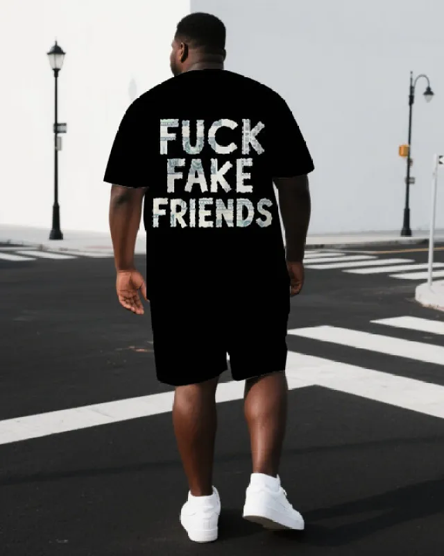 Big & Tall Men's Punk Theme FUCK FAKE FRIENDS BACK Print Casual Short-Sleeve T-shirt 2-Piece Set sold by Biggmans