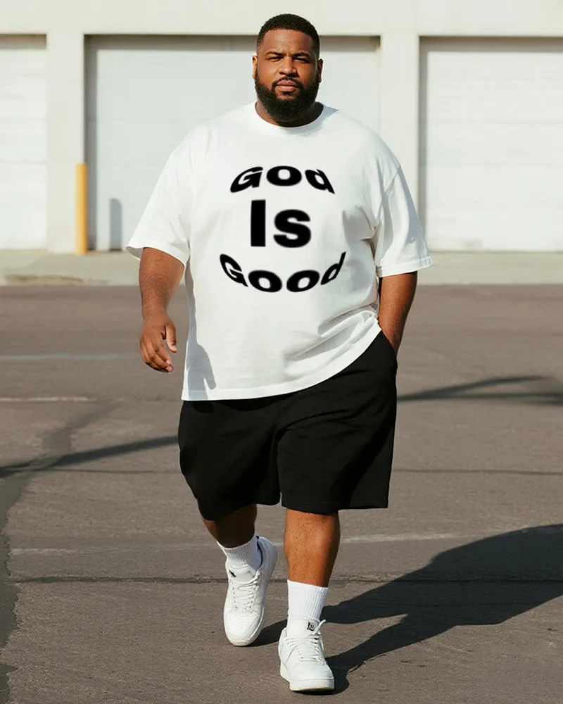Big & Tall Men's Black And White God Is Good Deformed Letter Printed Round Neck Short Sleeve T-shirt Shorts Suit sold by Biggmans
