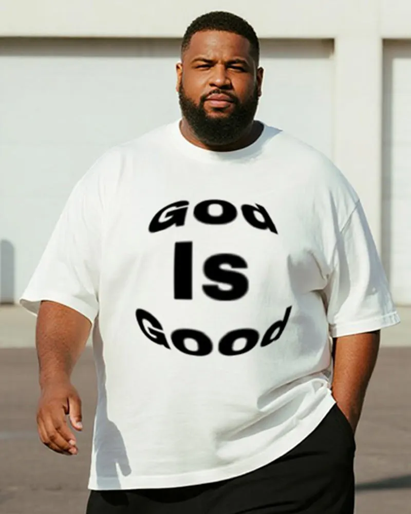 Big & Tall Men's Black And White God Is Good Deformed Letter Printed Round Neck Short Sleeve T-shirt Shorts Suit sold by Biggmans product image thumbnail 2