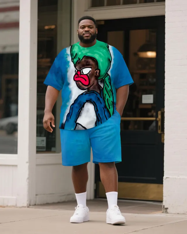Big & Tall Men's Blue Cartoon Graffiti Print Round Neck Short Sleeve T-Shirt Shorts Suit sold by Biggmans
