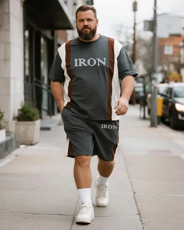 Big & Tall Men's Dark Gray IRON Alphabet Print Round Neck Short Sleeve T-Shirt Shorts Suit sold by Biggmans