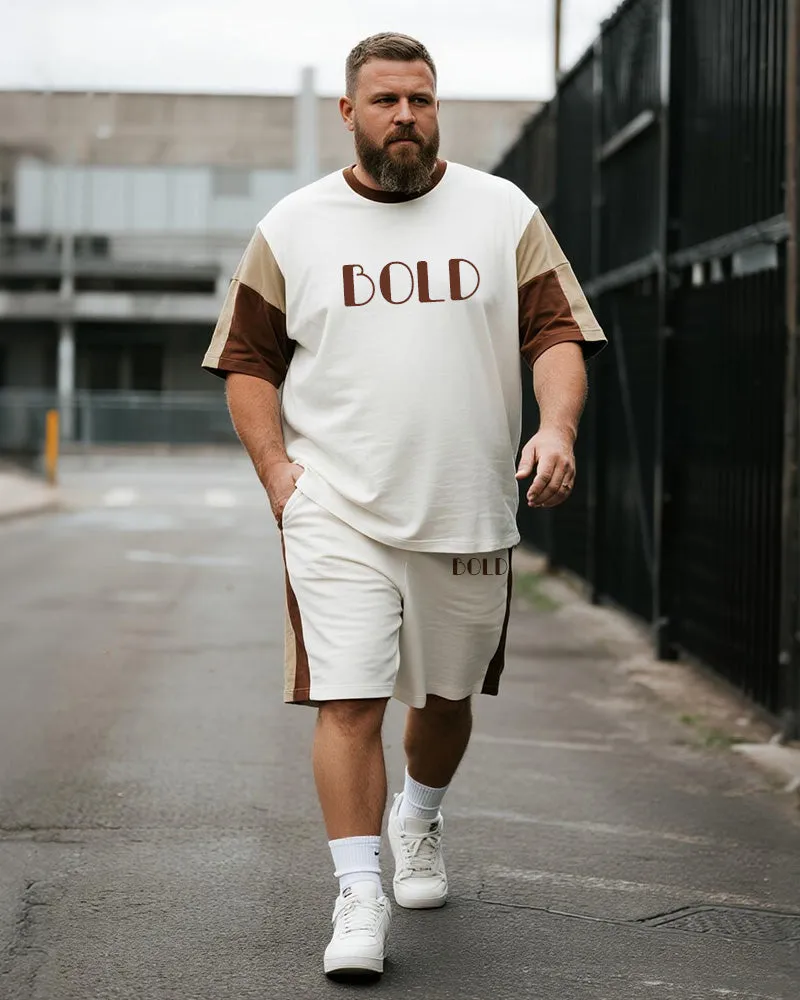 Big & Tall Men's White Khaki BOLD Alphabet Print Round Neck Short Sleeve T-Shirt Shorts Suit sold by Biggmans