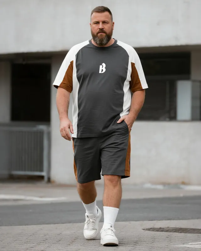 Big & Tall Men's Dark Gray Patchwork B Letter Printed Round Neck Short Sleeve T-Shirt Shorts Suit sold by Biggmans
