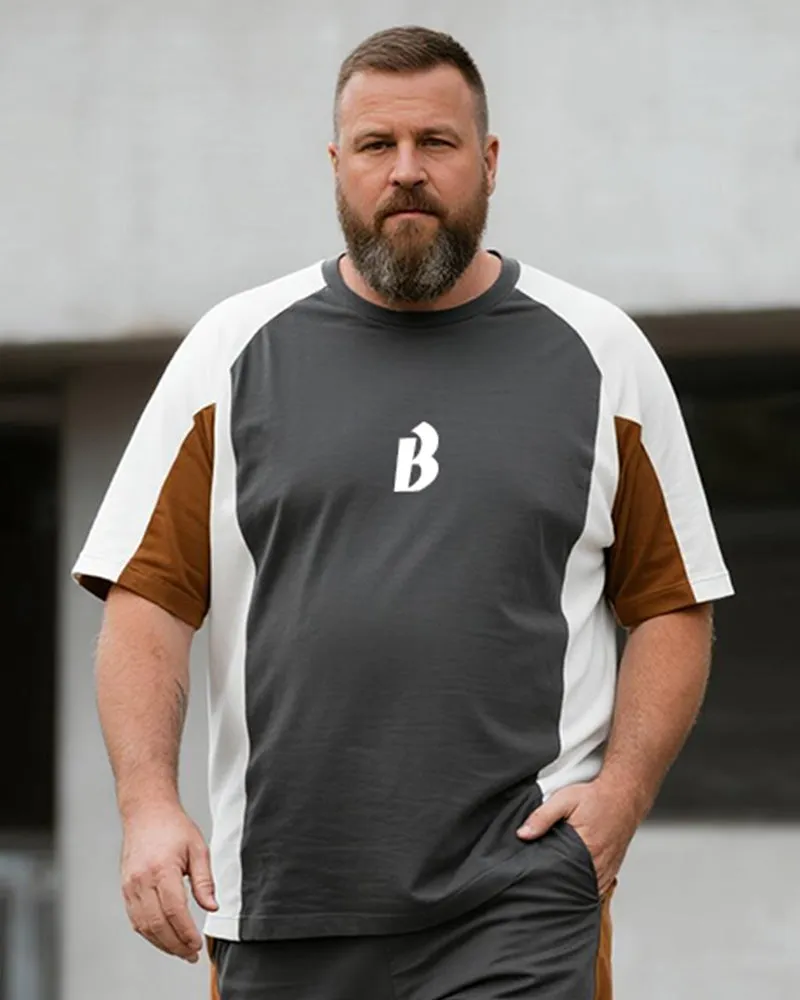 Big & Tall Men's Dark Gray Patchwork B Letter Printed Round Neck Short Sleeve T-Shirt Shorts Suit sold by Biggmans product image thumbnail 2