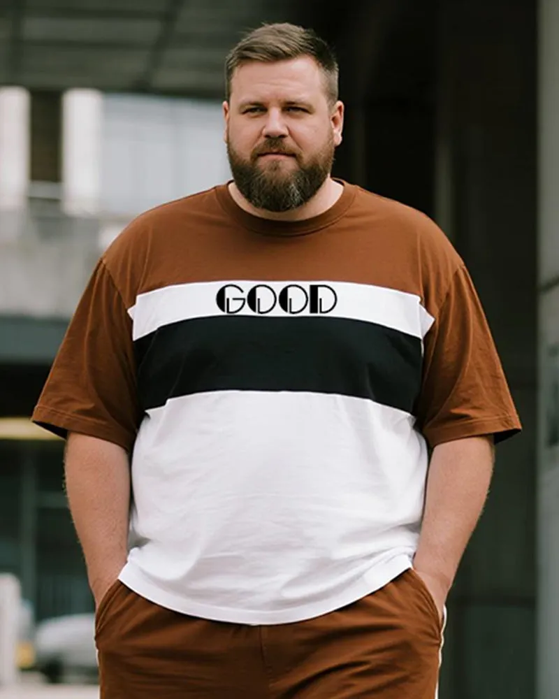 Big & Tall Men's Brown Striped GOOD Letter Print Round Neck Short Sleeve T-Shirt Shorts Suit sold by Biggmans product image thumbnail 2