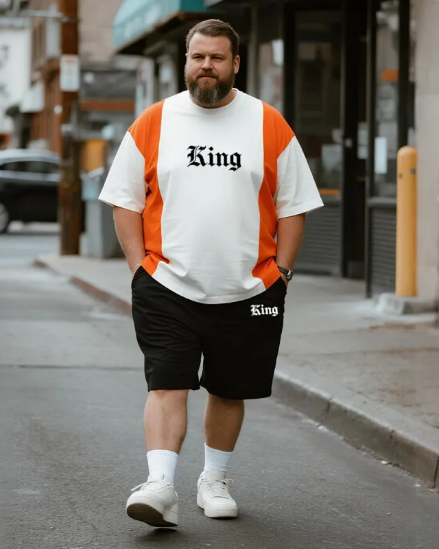 Big & Tall Men's Orange Stripe KING Alphabet Print Round Neck Short Sleeve T-Shirt Shorts Suit sold by Biggmans