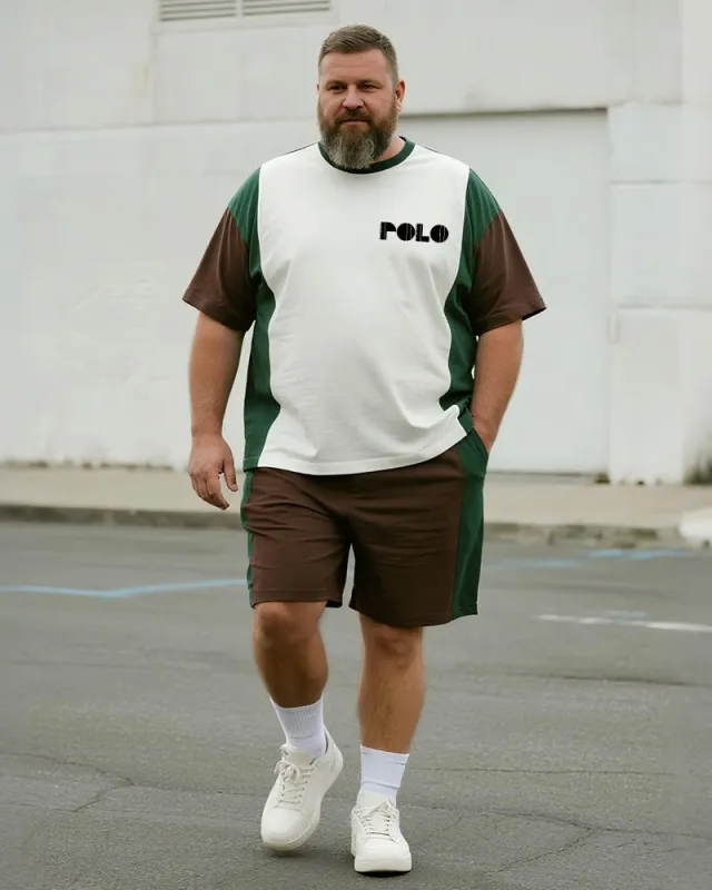 Big & Tall Men's Brown Green Geometric Letter Printed Round Neck Short Sleeve T-shirt Shorts Suit sold by Biggmans