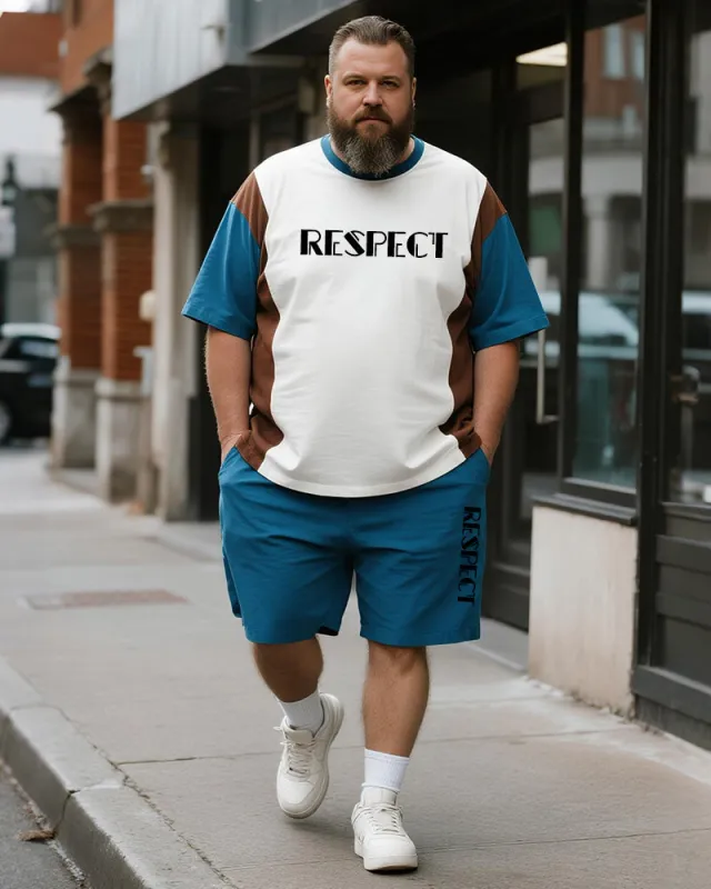 Big & Tall Men's Blue Colorblock Respect Alphabet Print Round Neck Short Sleeve T-Shirt Shorts Suit sold by Biggmans