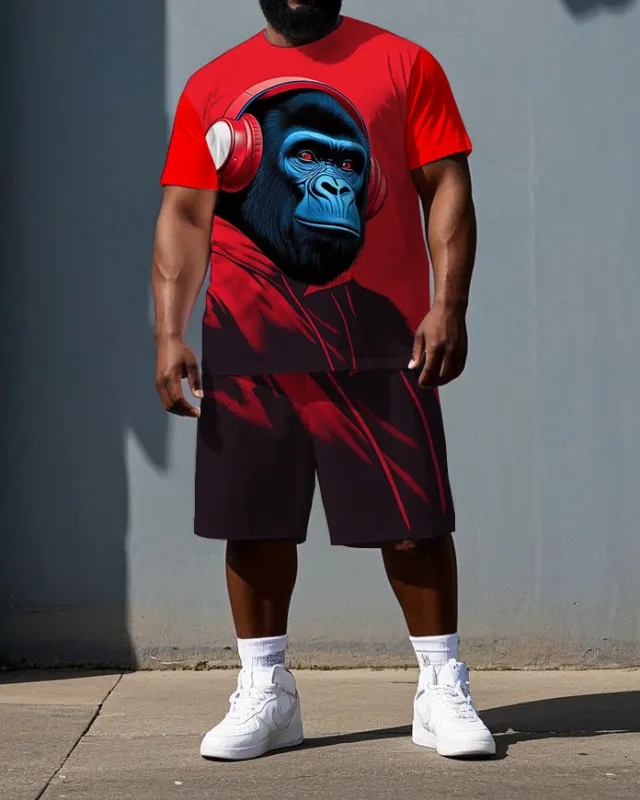 Big & Tall Men's Gorillas with Headphone Printed Summer Cool Short Sleeve T-shirt and Short Set sold by Biggmans
