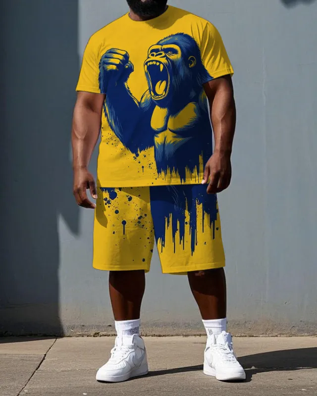 Big & Tall Men's Roaring Fighting Gorillas Printed Short Sleeve T-shirt 2-Piece Set sold by Biggmans