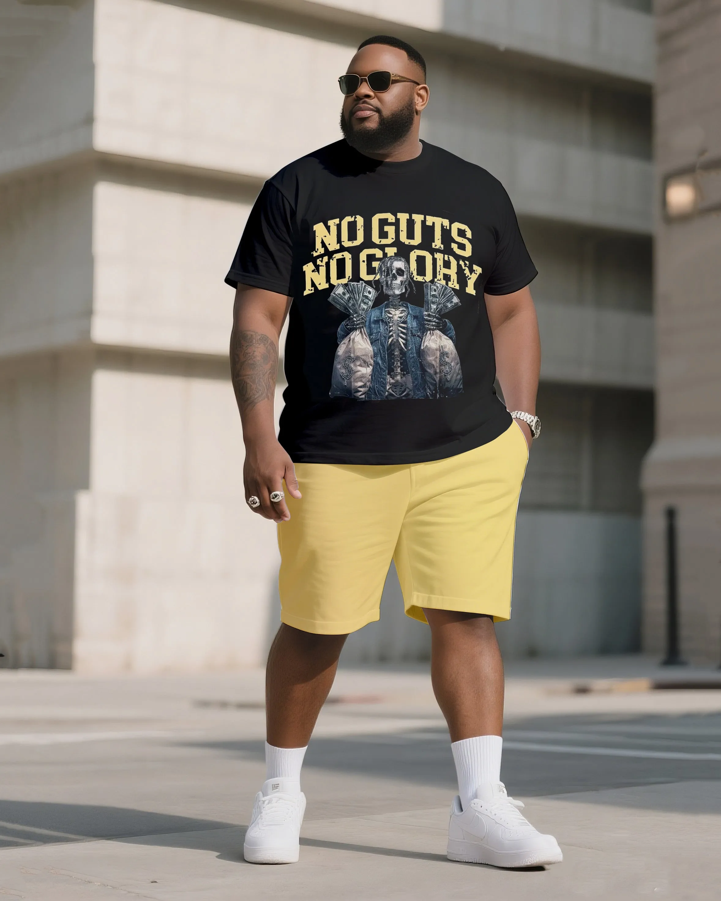Big & Tall Men's Street Fashion No Guts No Glory Skull Print Crewneck T-Shirt Shorts Suit sold by Biggmans
