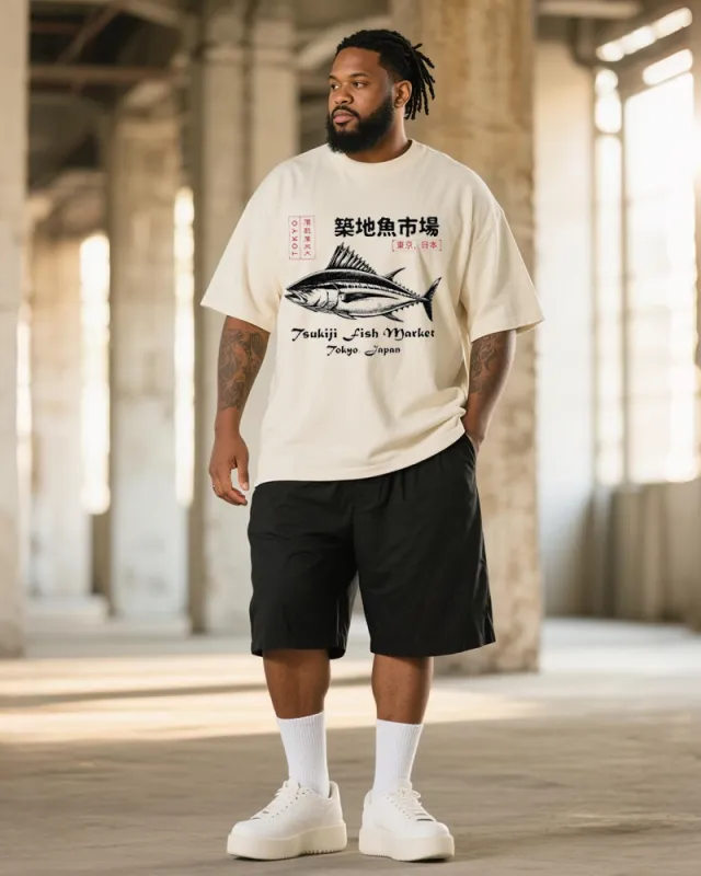 Big & Tall Men's Retro Japan Tokyo Tsukiji OTC Market Printed Round Neck Short Sleeve T-Shirt Shorts Suit sold by Biggmans