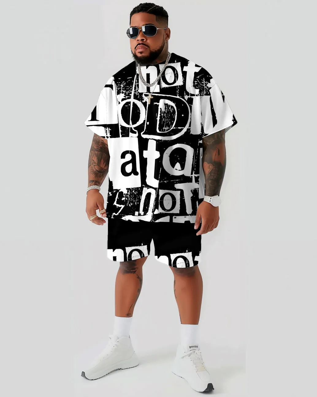 Letter Full Print T-Shirt Shorts Suit Men's Plus Size sold by Biggmans