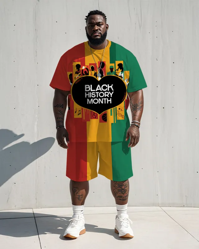Men's Plus Size Black History Month Letter Red Yellow Green Colorblock Printed T-Shirt Shorts Suit sold by Biggmans