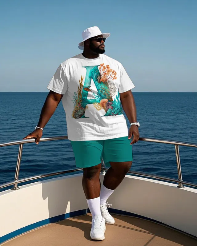 Men's Plus Size Casual Outdoor Vacation Marine Coral Letter A Print T-Shirt Shorts Suit sold by Biggmans