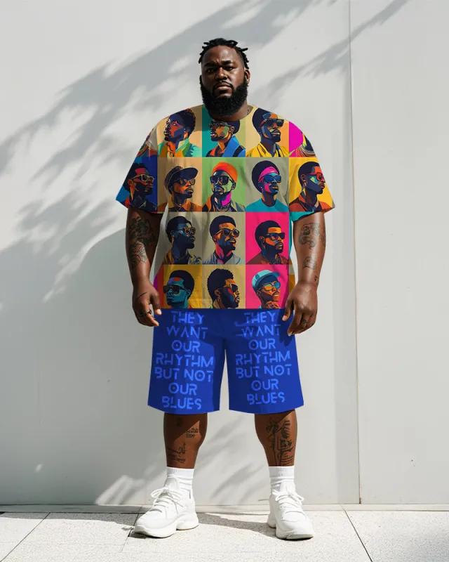 Men's Plus Size Street Fashion Colorblock Head "They Want Our Rhythm But Not Our Blues" Letter Printed T Shirt Shorts Suit sold by Biggmans