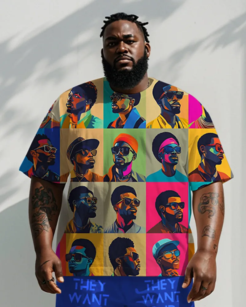 Men's Plus Size Street Fashion Colorblock Head "They Want Our Rhythm But Not Our Blues" Letter Printed T Shirt Shorts Suit sold by Biggmans product image thumbnail 2