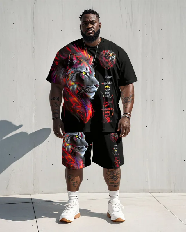 Men's Plus Size Street Red Lion Letter Print Short Sleeve T-Shirt Shorts Suit sold by Biggmans