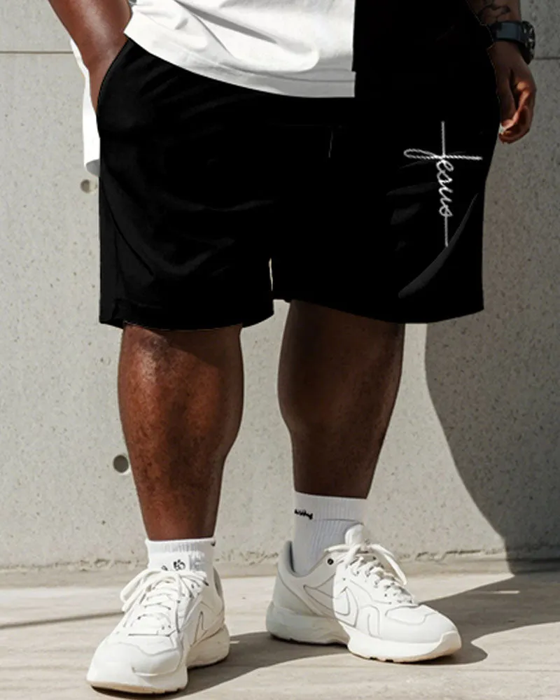 Men's Plus Size Daily Casual Black And White Jesus Letter Print Short Sleeve T-Shirt Shorts Suit sold by Biggmans product image thumbnail 3