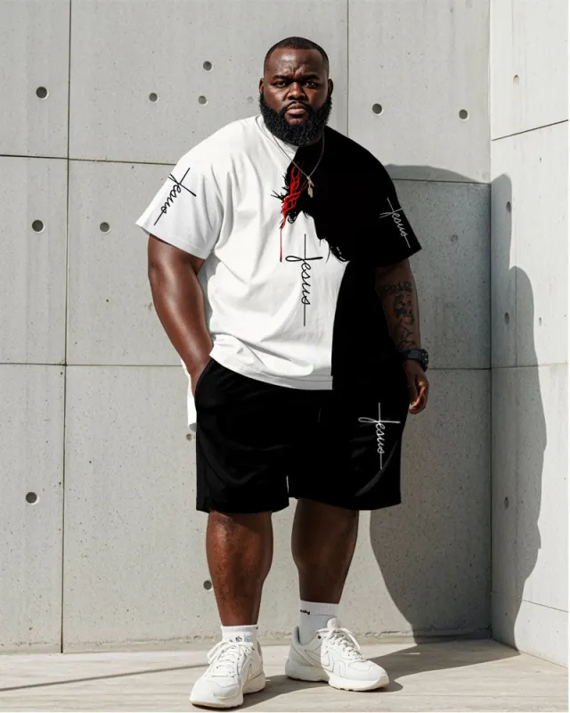 Men's Plus Size Daily Casual Black And White Jesus Letter Print Short Sleeve T-Shirt Shorts Suit sold by Biggmans