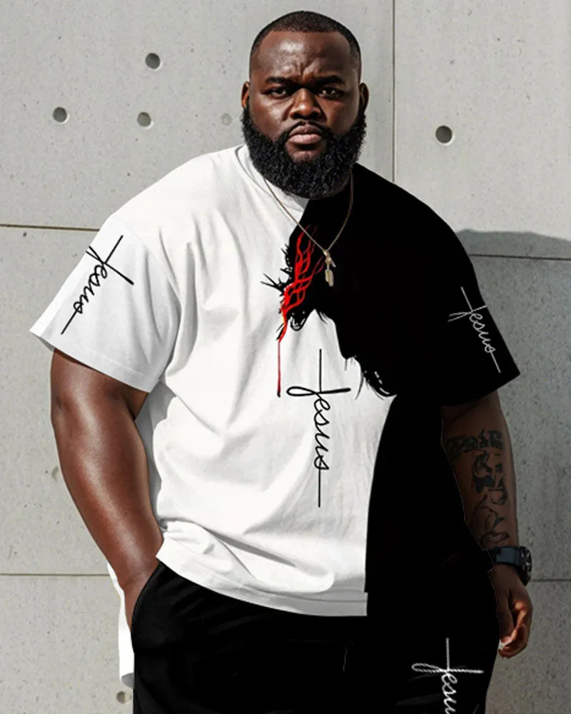 Men's Plus Size Daily Casual Black And White Jesus Letter Print Short Sleeve T-Shirt Shorts Suit sold by Biggmans product image thumbnail 2