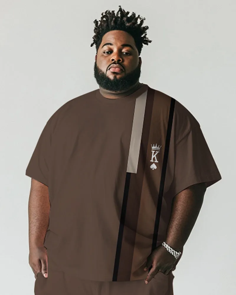 Men's Plus Size Brown Striped K Letter Print Short Sleeve T-Shirt Shorts Suit sold by Biggmans product image thumbnail 2