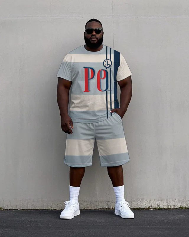 Men's Big Size Simple Stripe PO Printed Casual Short Sleeve T-Shirt and Shorts Set sold by Biggmans