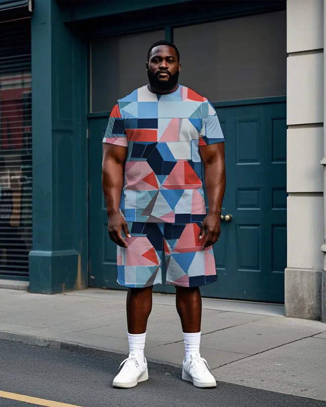 Men's Colorful Geometric Pattern Color Block Printed Big Size Short Sleeve T-Shirt and Shorts Set sold by Biggmans