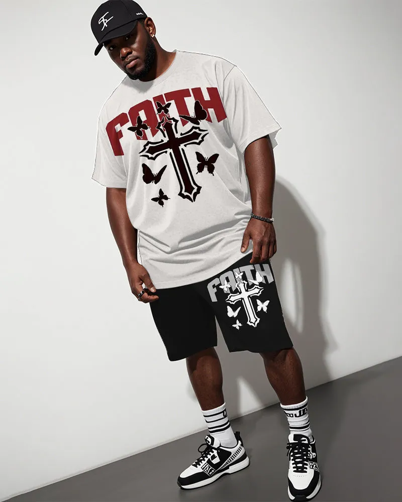 Men's Plus Size White Cross Butterfly Faith Letter Print Short Sleeve T-Shirt Shorts Suit sold by Biggmans