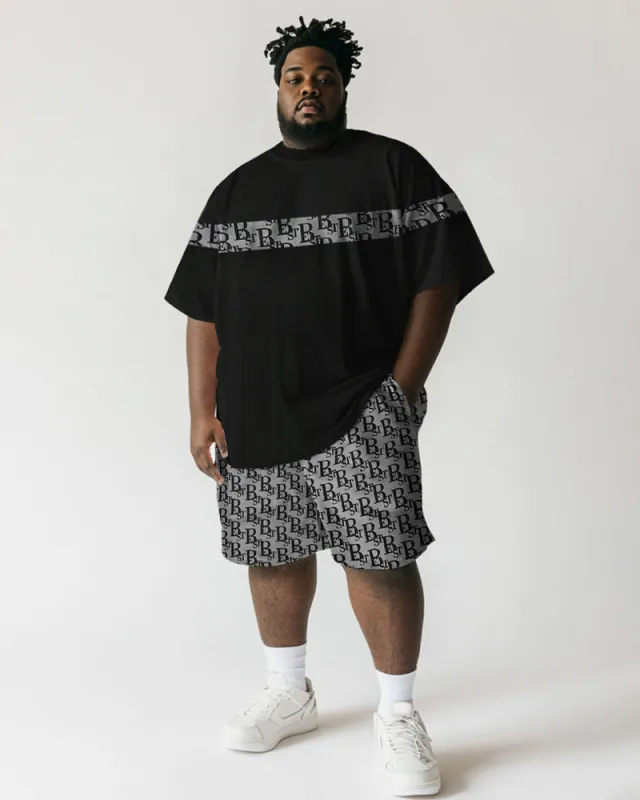 Men's Plus Size Black Stripe Letter Patchwork Print Short Sleeve T-Shirt Shorts Suit sold by Biggmans